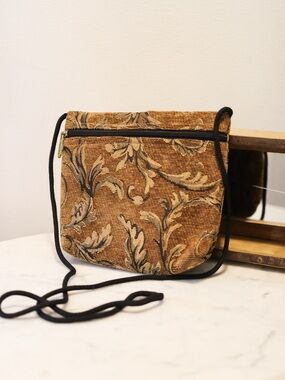 Danny K. Tapestry Floral Brown Crossbody Bag with Black Strap